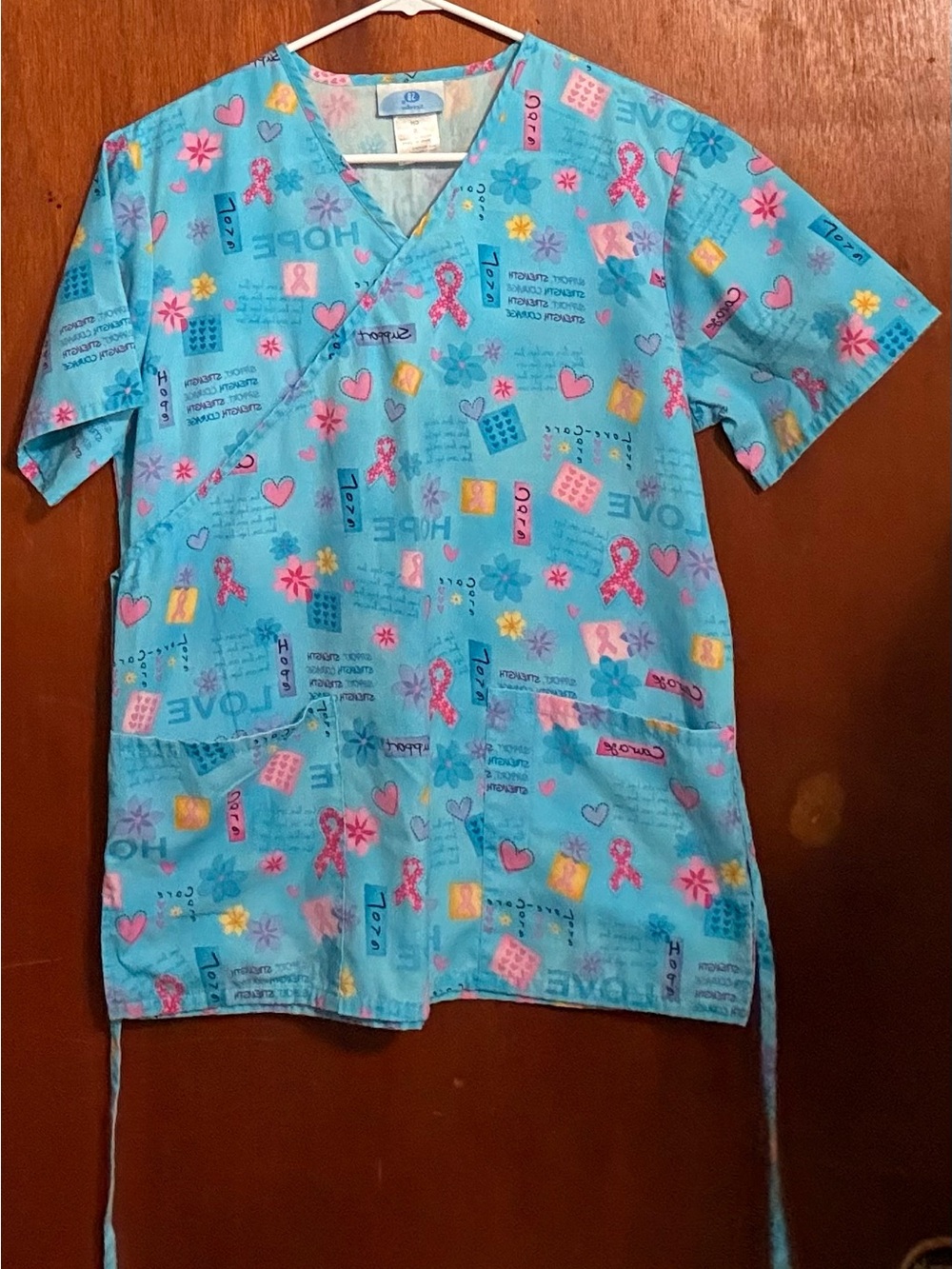 SB Scrubs Womens Small Blue Breast Cancer Awareness Hope Ribbon Wrap Scrub Top S